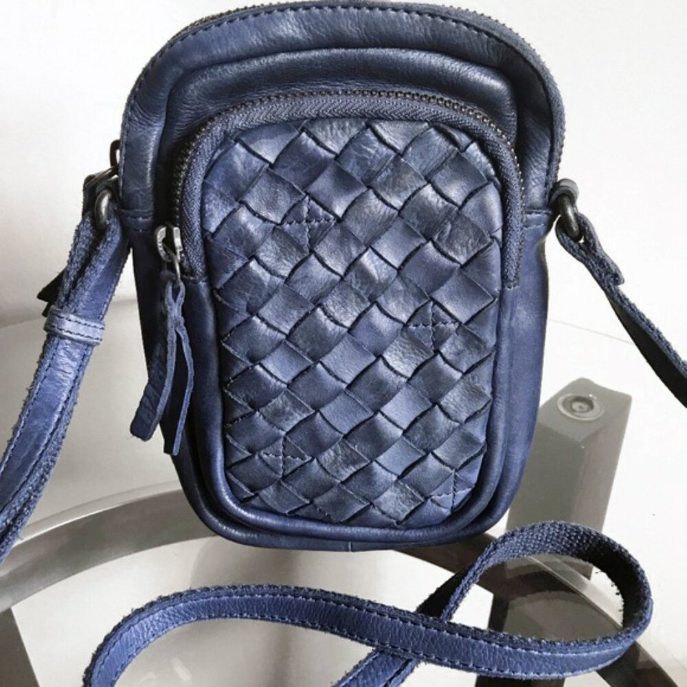 Genicci Woven Navy Blue Genuine Leather Crossbody Mini Phone Purse